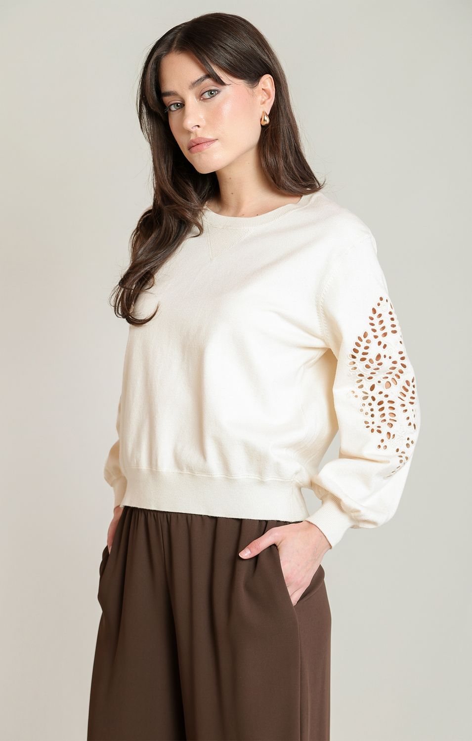 Ecru Embroidered Sweater Top