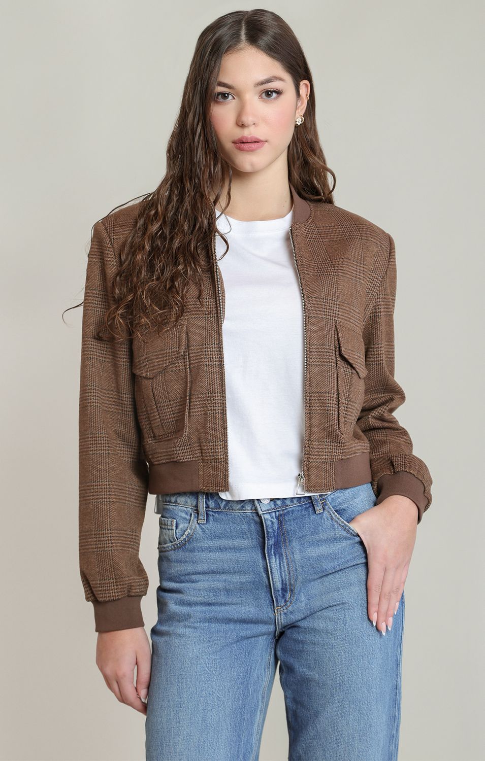 Houndstooth Plaid Bomber Jacket