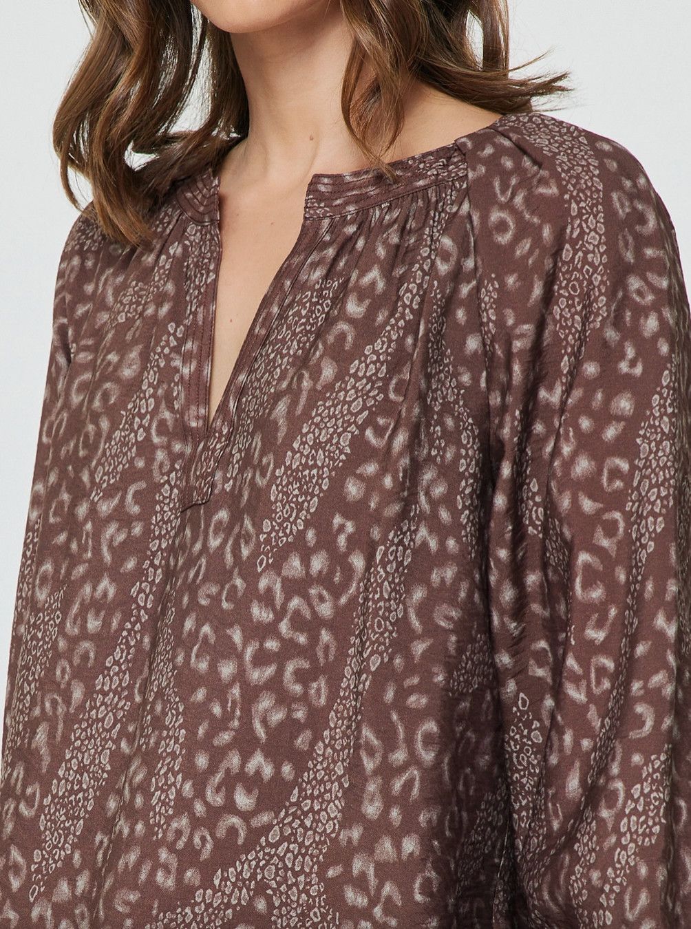 Mauve Brown Print Split Neck Blouse