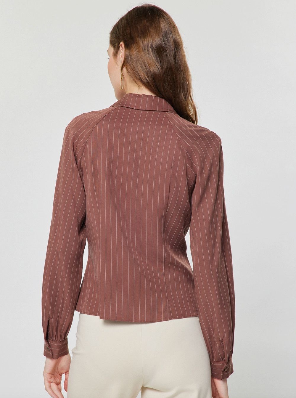 Mocha Striped Collared Waist Tie Shirt