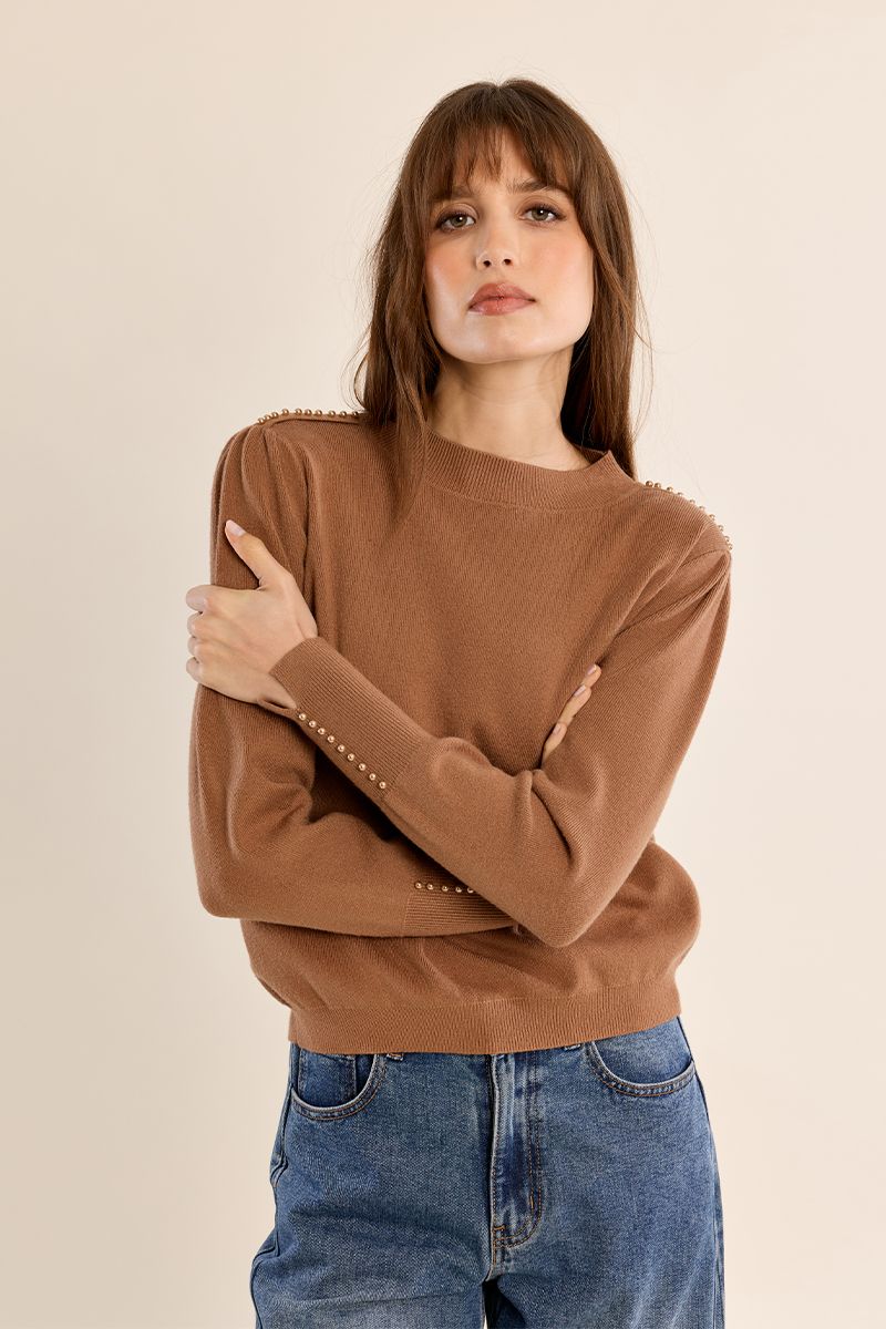 Camel Pearl Shoulder Sweater
