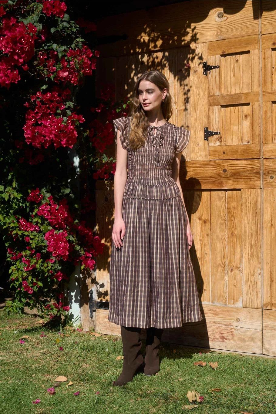 Chocolate Plaid Flutter Sleeve Midi