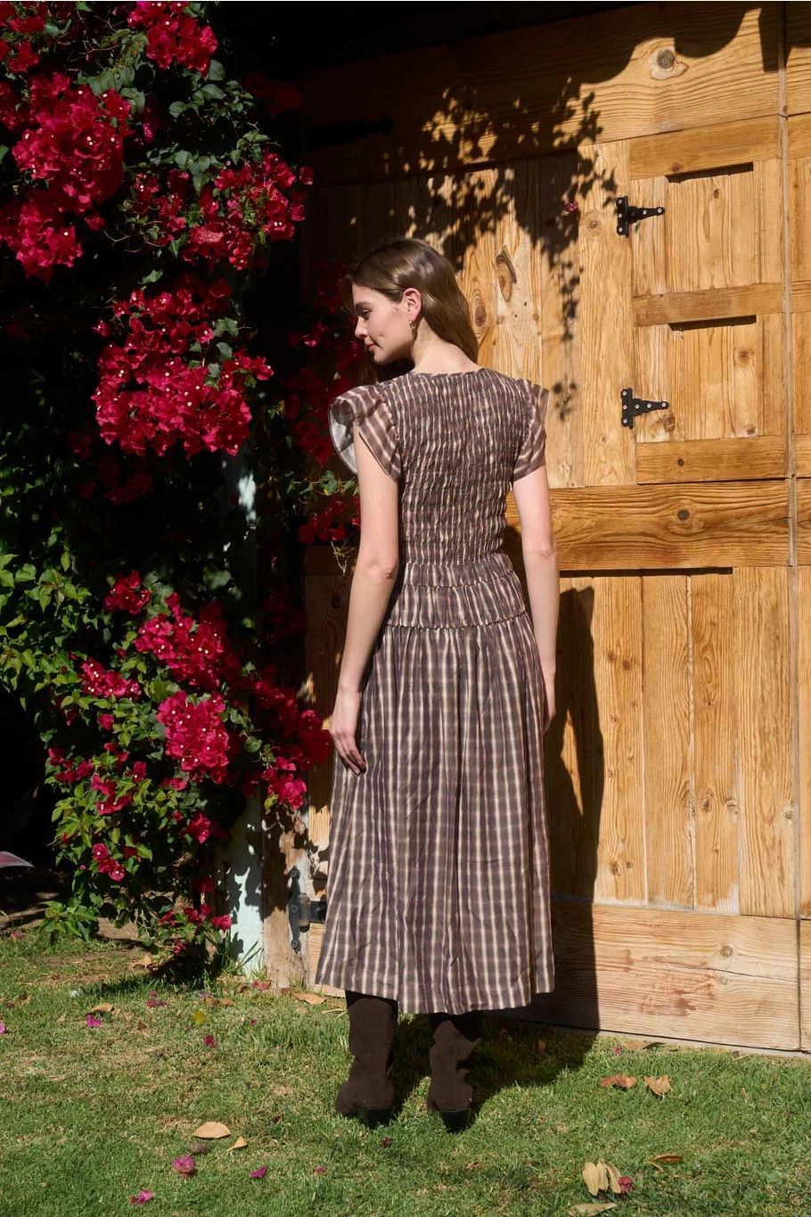 Chocolate Plaid Flutter Sleeve Midi
