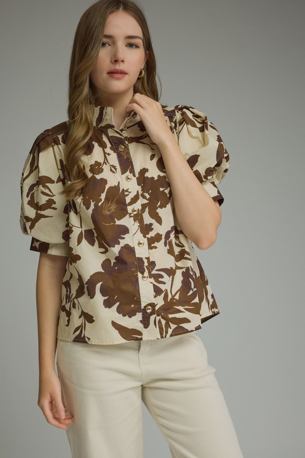 Brown Floral Button Down Top