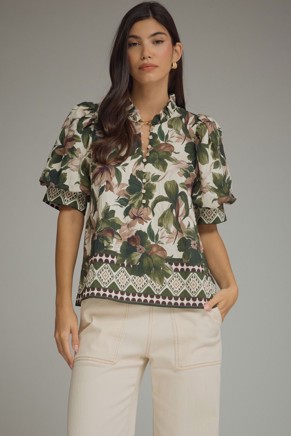 Olive Print Ruffle Neckline Top