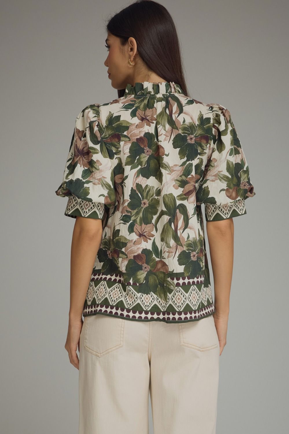 Olive Print Ruffle Neckline Top