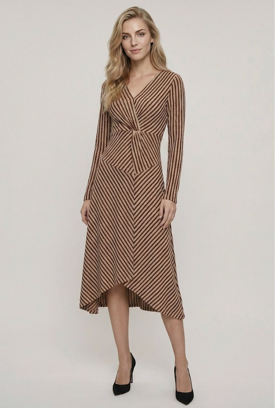 Brown Stripe Jacquard Twist Midi
