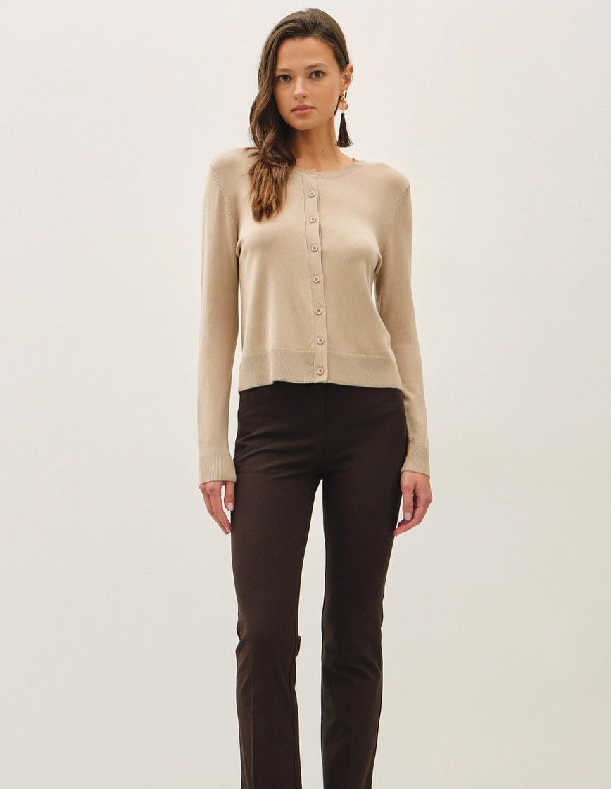 Tan Ultra Soft Basic Crewneck Button Up Cardigan