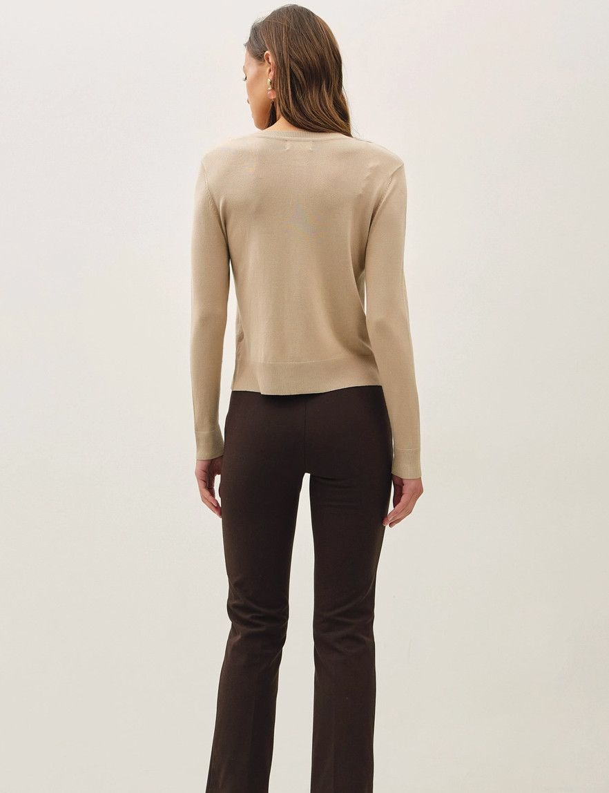 Tan Ultra Soft Basic Crewneck Button Up Cardigan