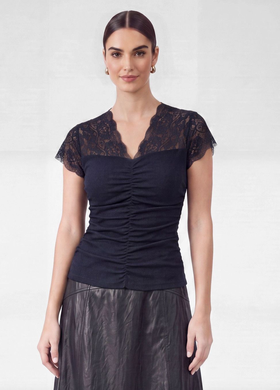 Navy Lace Ruched Fitted Top