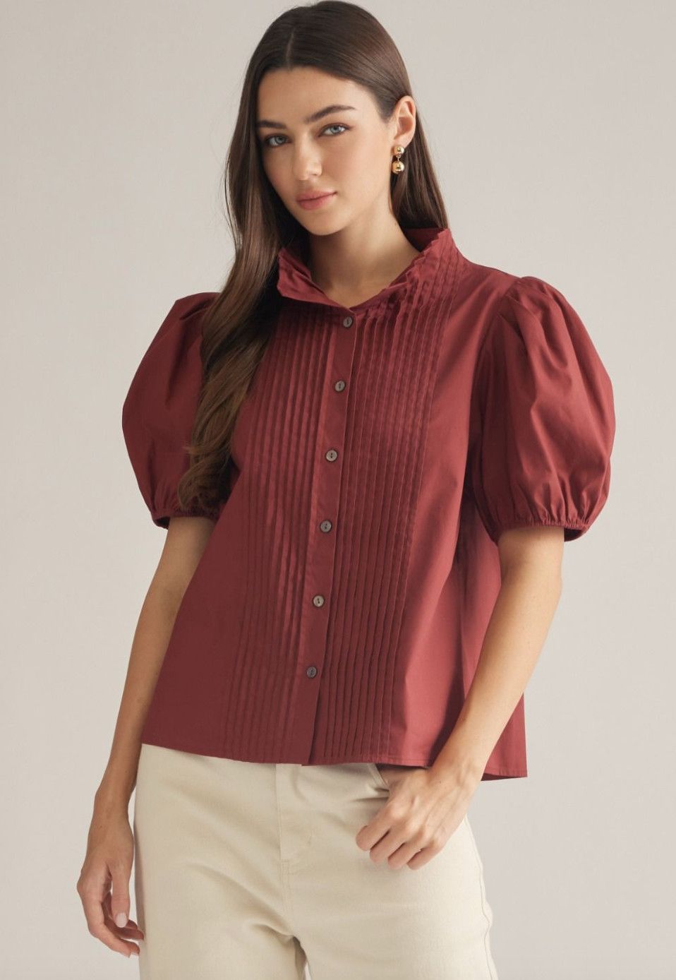Cognac Puff Sleeve Button Down Top