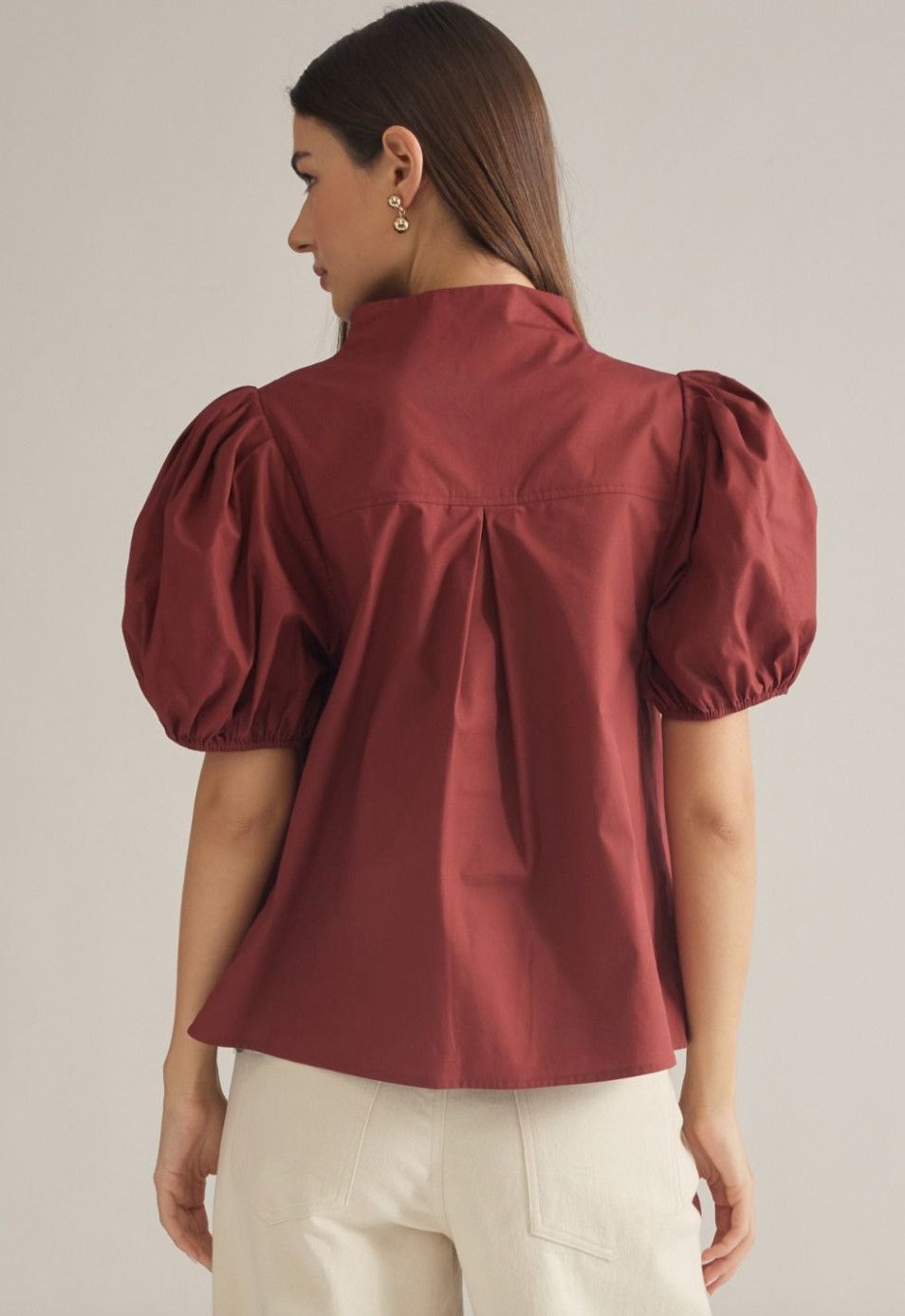 Cognac Puff Sleeve Button Down Top