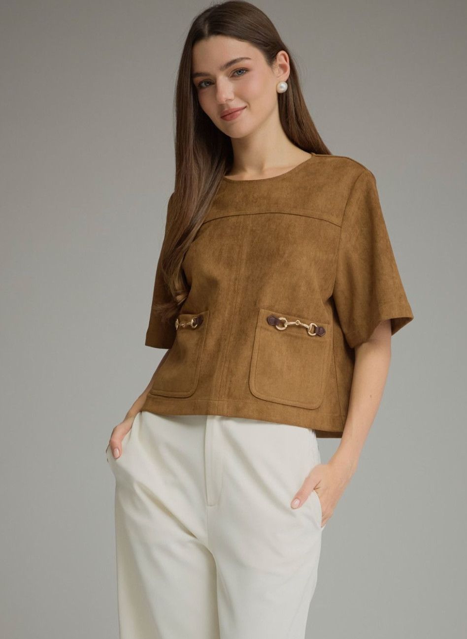 Brown Suede Front Pocket Top