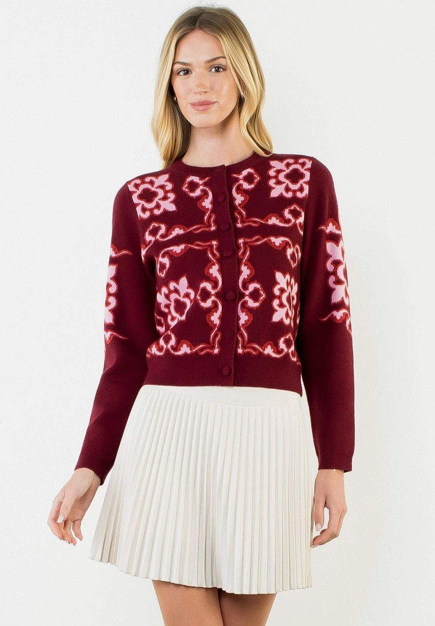 Burgundy Patterned Button Cardigan 
