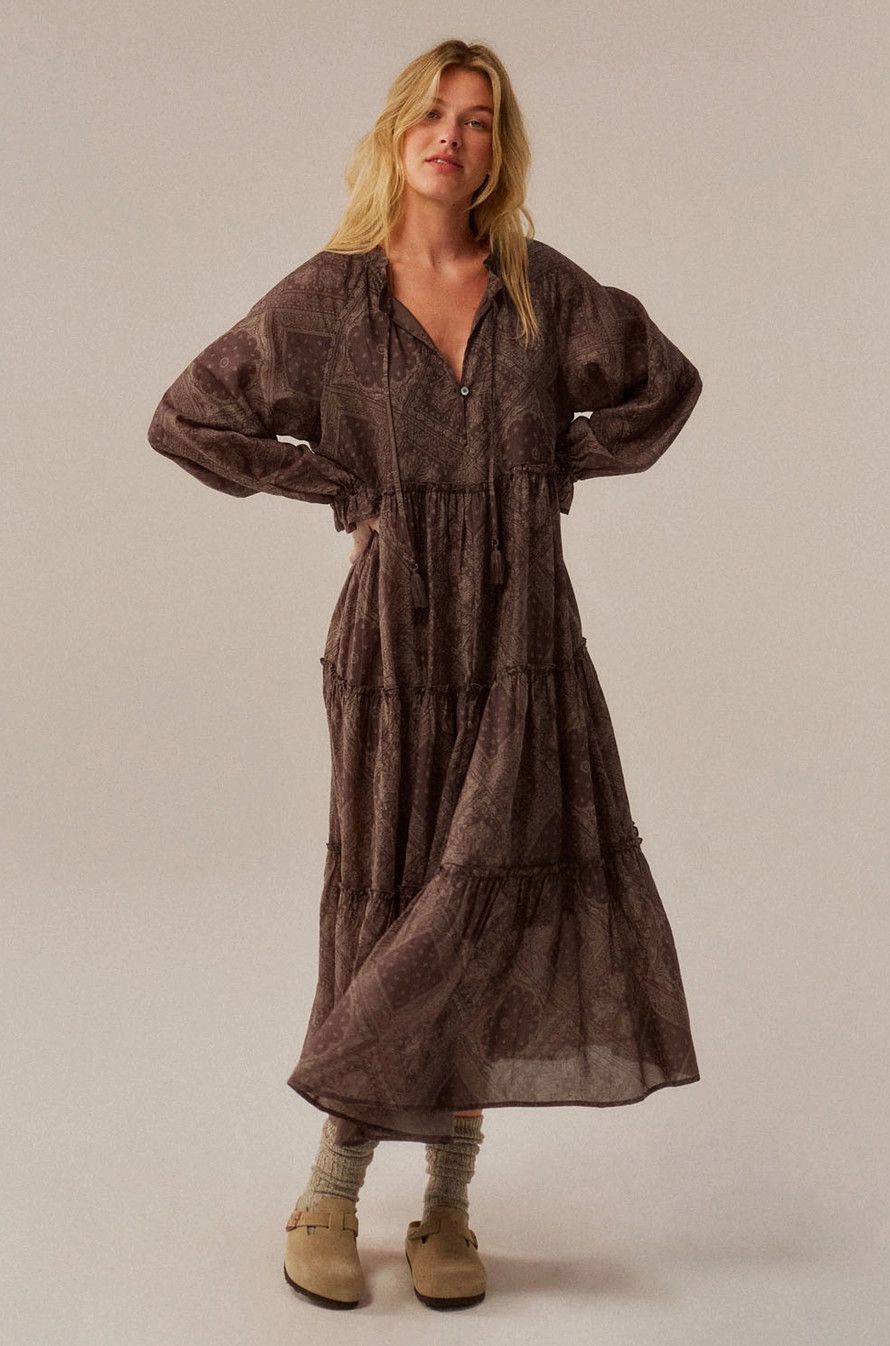Brown Bandana Print Flowy Maxi