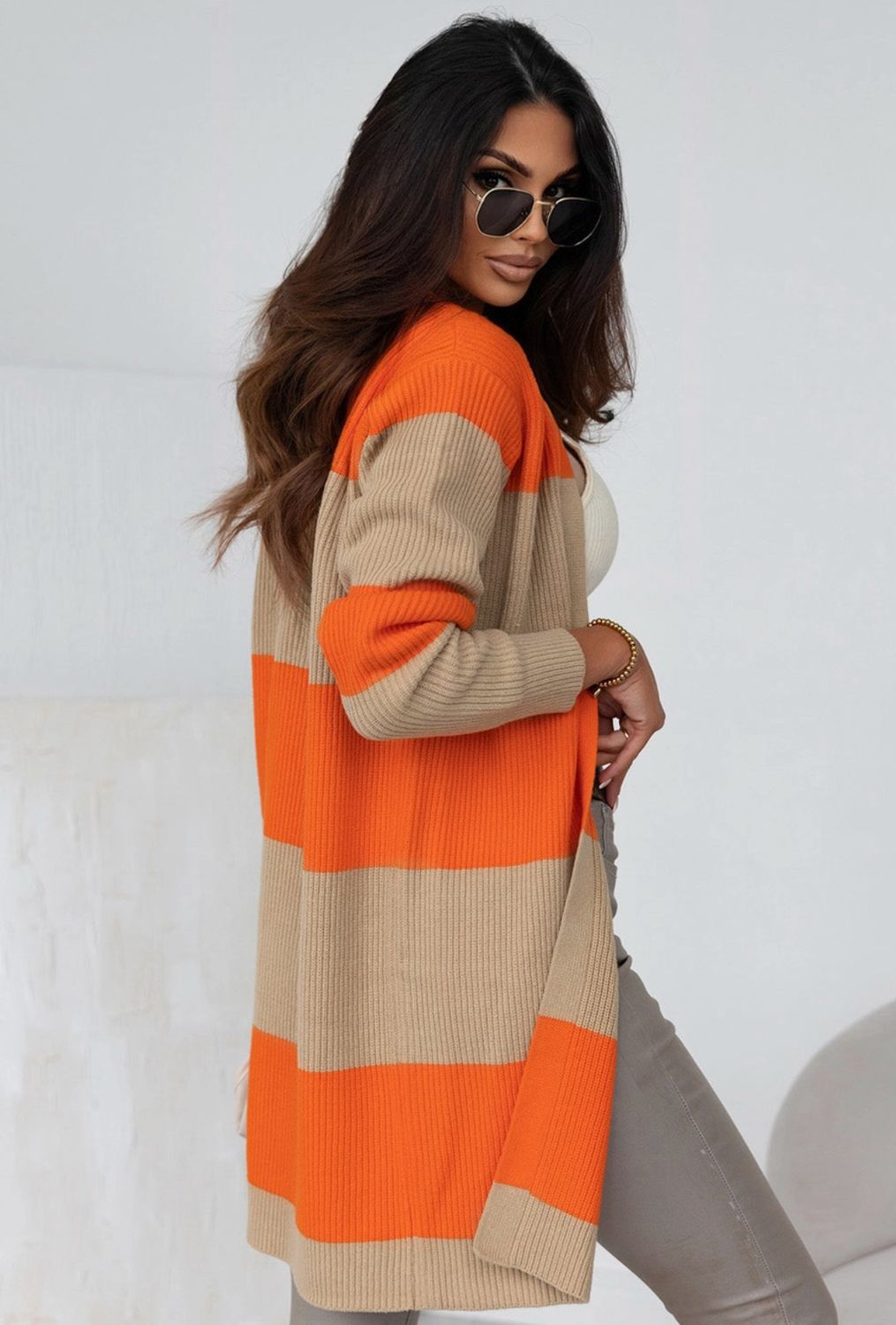 Orange Colorblock Ribbed Cardigan