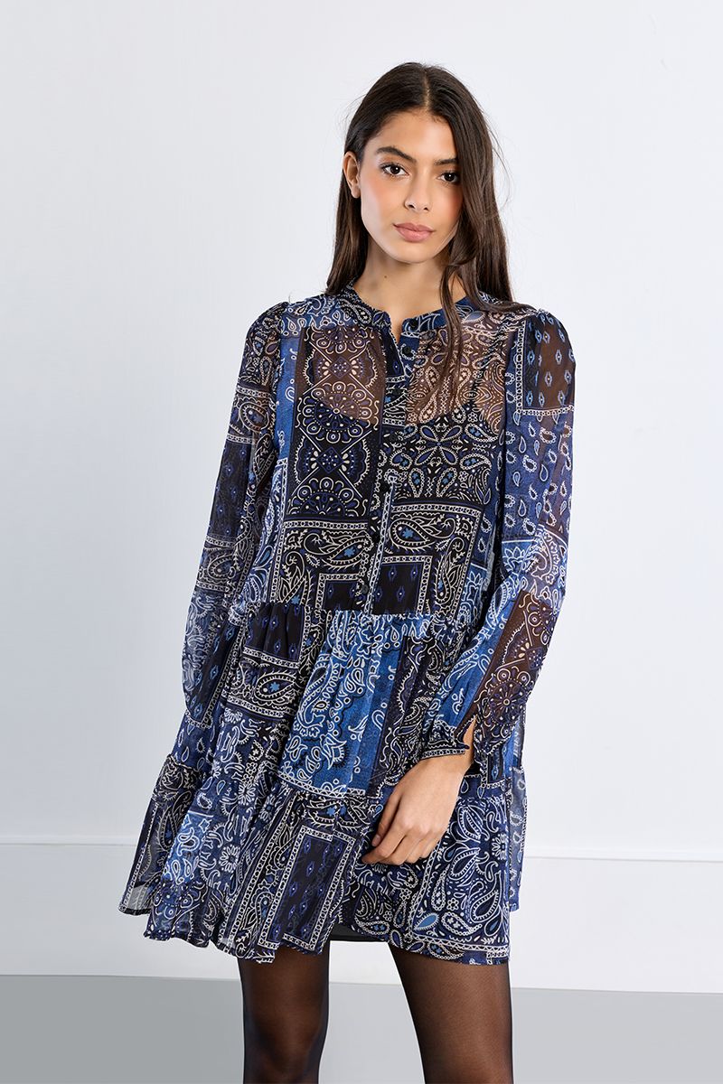 Navy Blue Print Tiered Flowy Dress