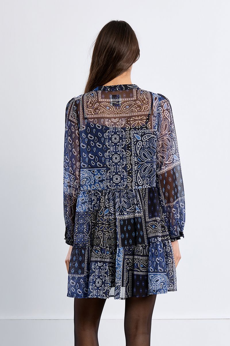 Navy Blue Print Tiered Flowy Dress