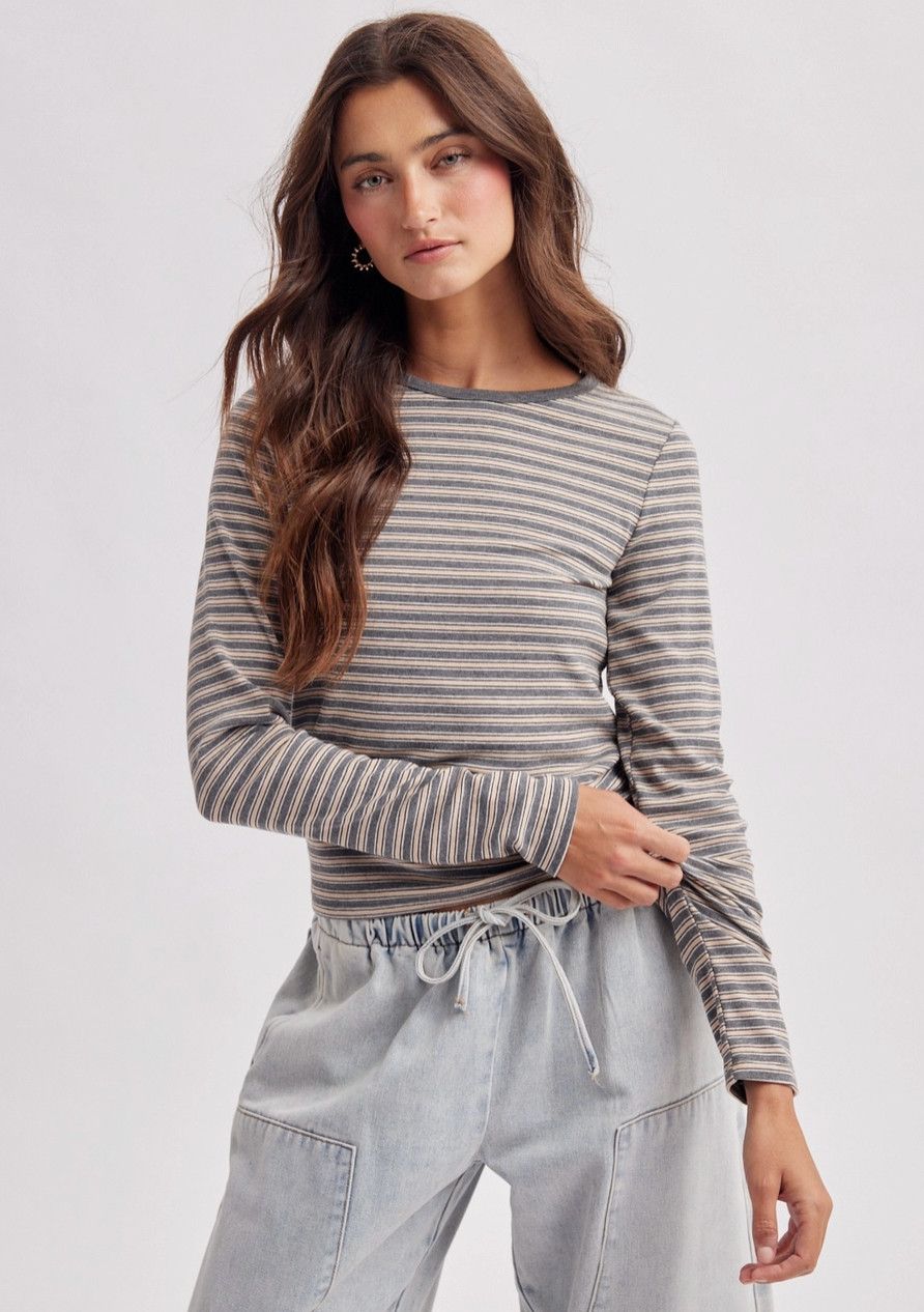Charcoal Striped Crew Neck Top