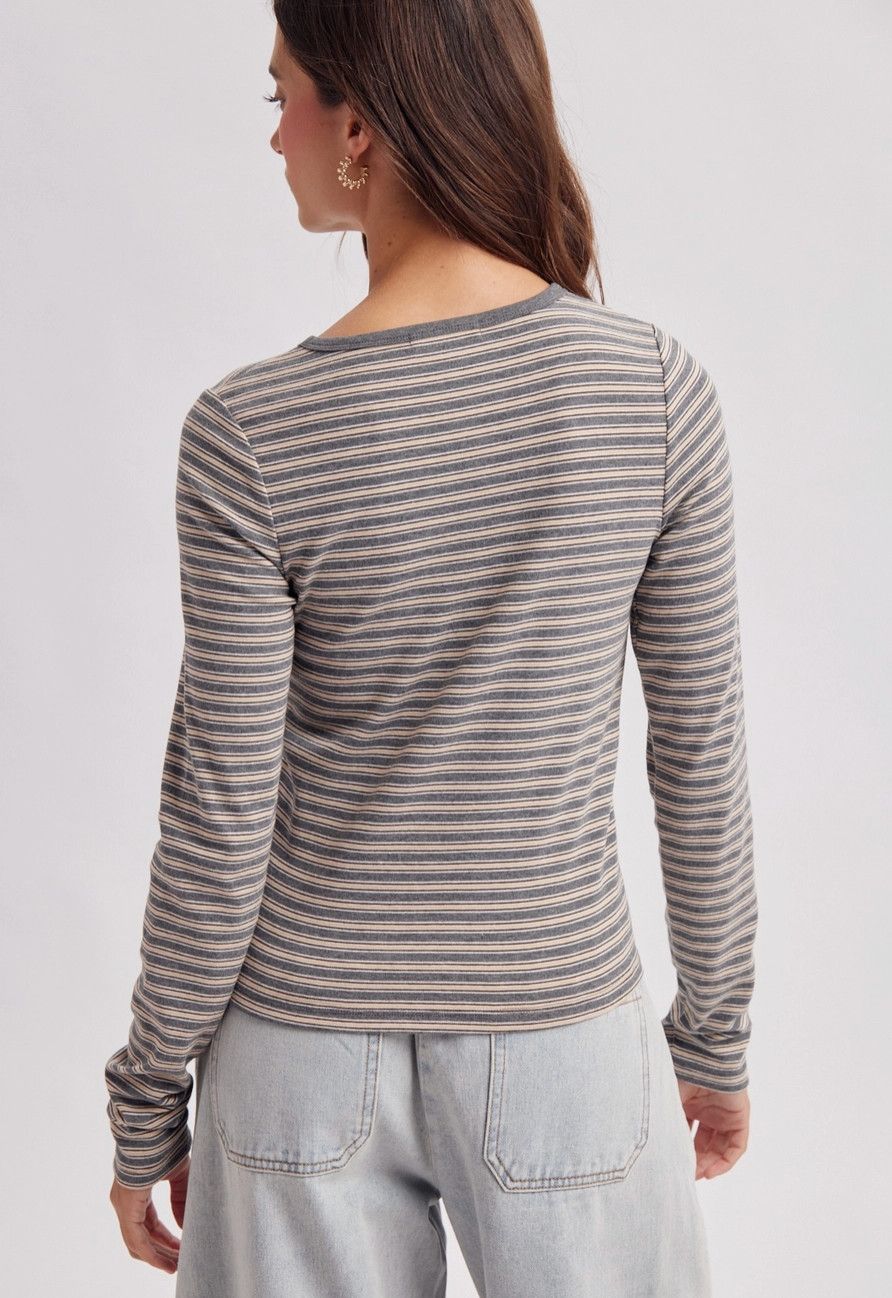 Charcoal Striped Crew Neck Top