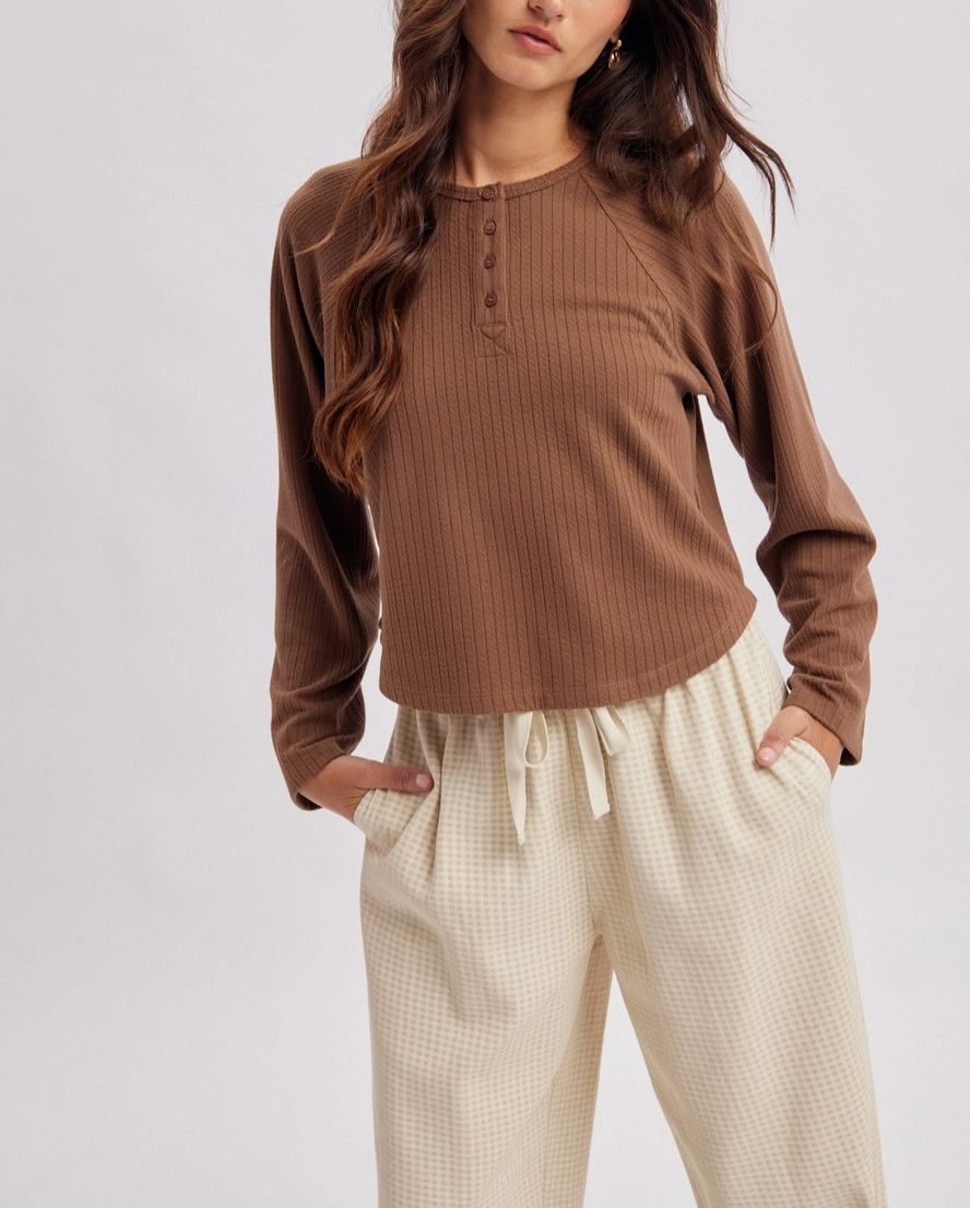 Chocolate Ribbed Henley Top