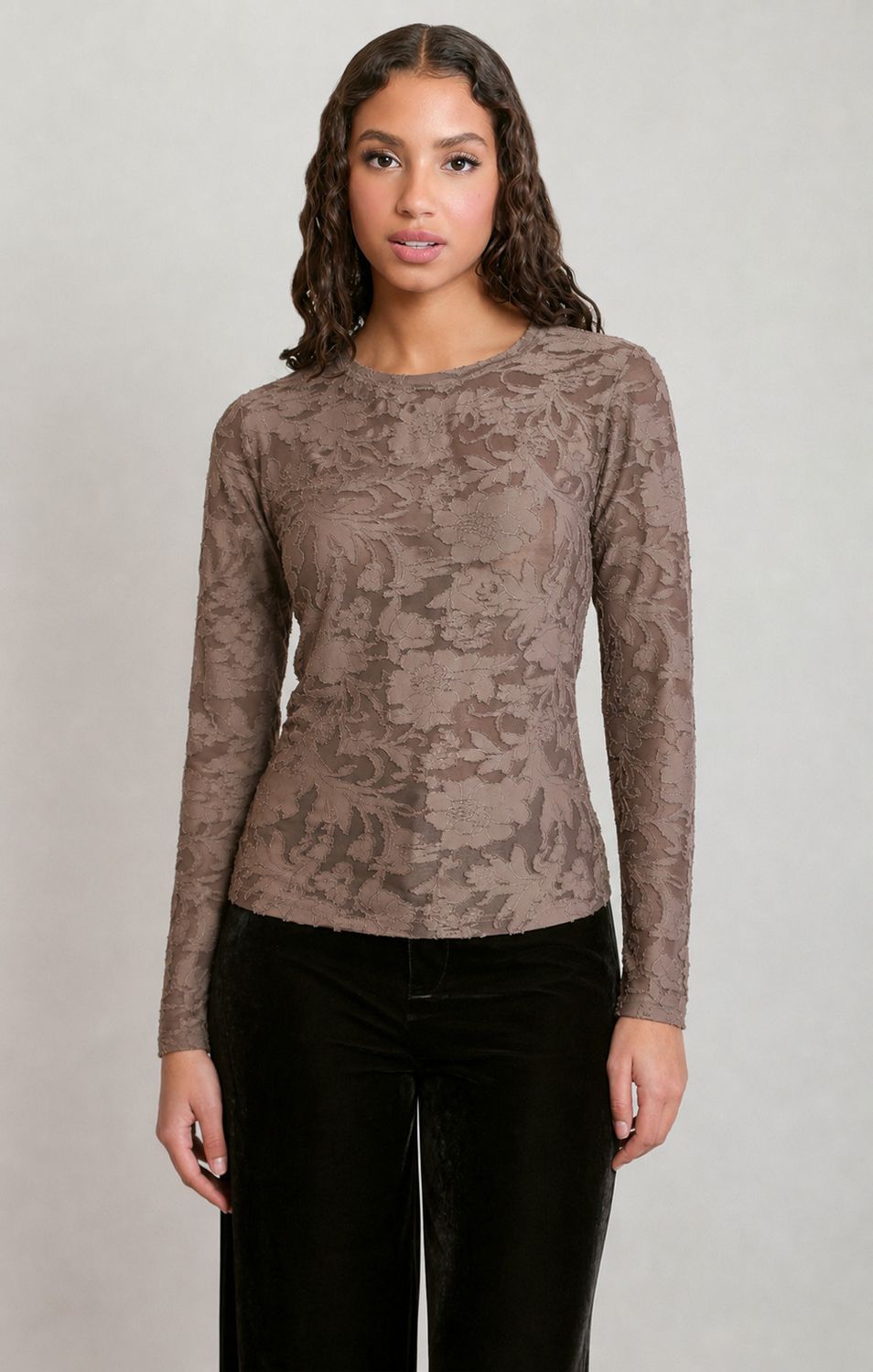Dark Taupe Floral Long Sleeve Top