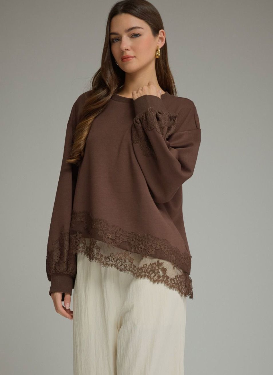 Brown Lace Detail Assymetrical Sweater