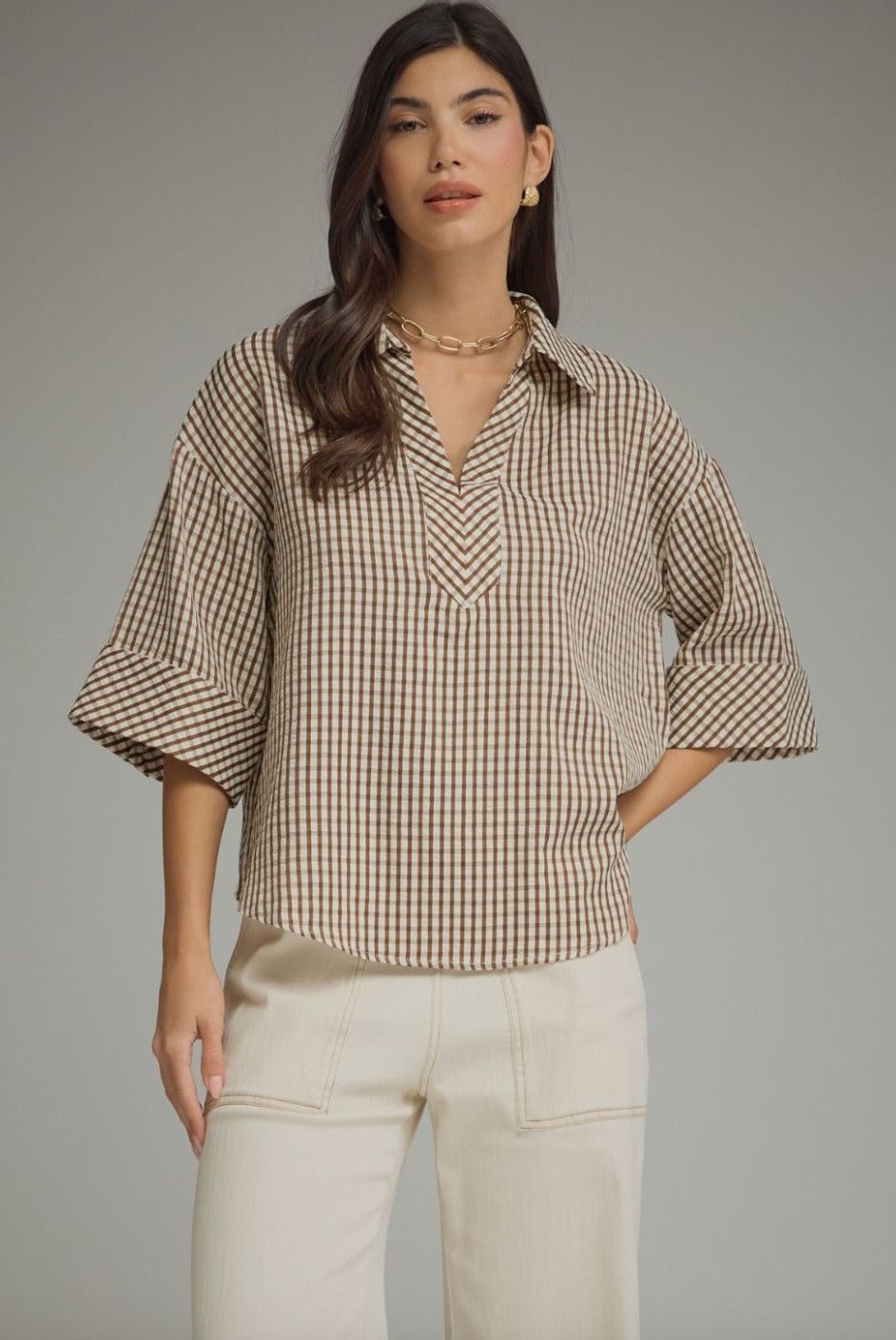 Brown Check Collared Blouse