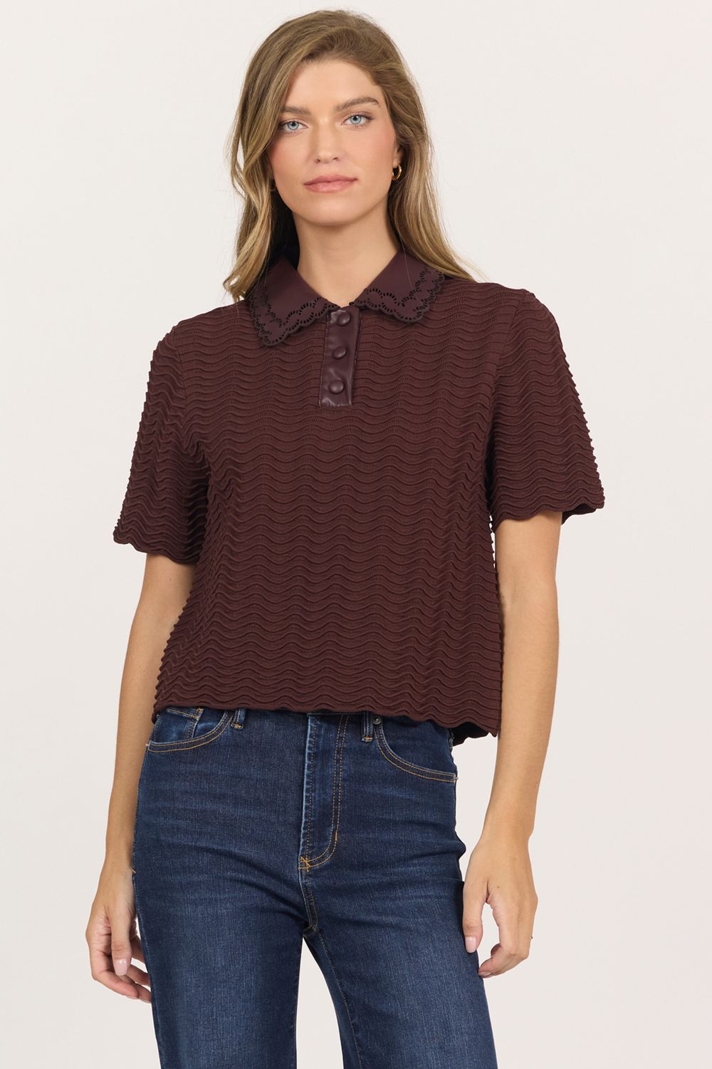 Huckleberry  Vegan Leather Collared Sweater Top