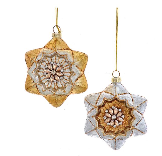 4.25" Glass Ombré Gold &amp; Silver Star Flower Ornament, EACH