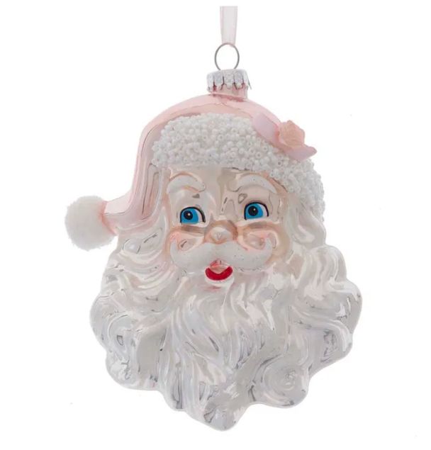 5.9&quot; Glass Pink &amp; Silver Santa Head Ornament