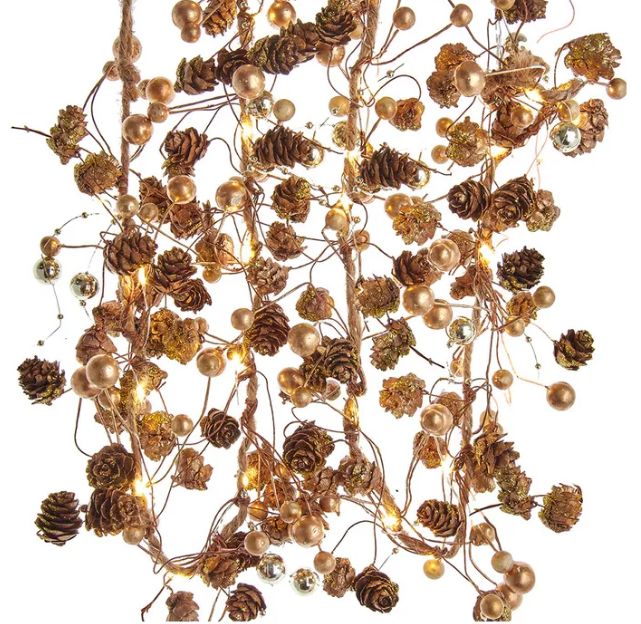 6&#39; Battery Operated 36-Light Warm White Fairy LED Gold Pinecone &amp; Berry Vine Garland