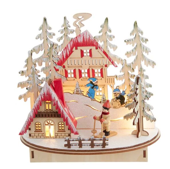 7.9&quot; Battery-Operated Light-Up LED Wooden Ski Resort Village