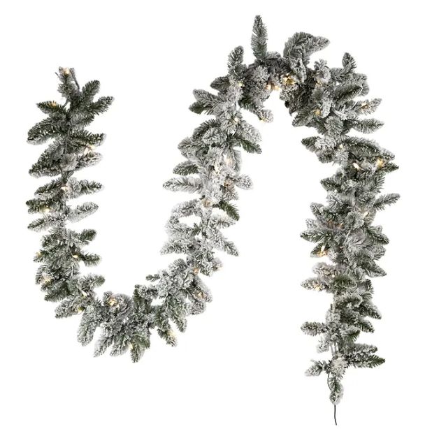9&#39; Pre-Lit Warm White LED Snow Pine Garland