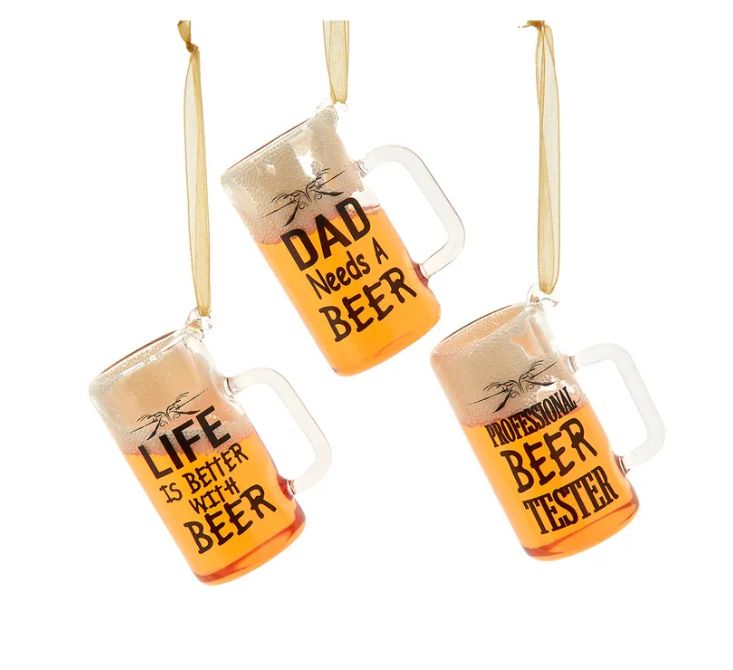 3" Glass Beer With Words Ornament, EACH