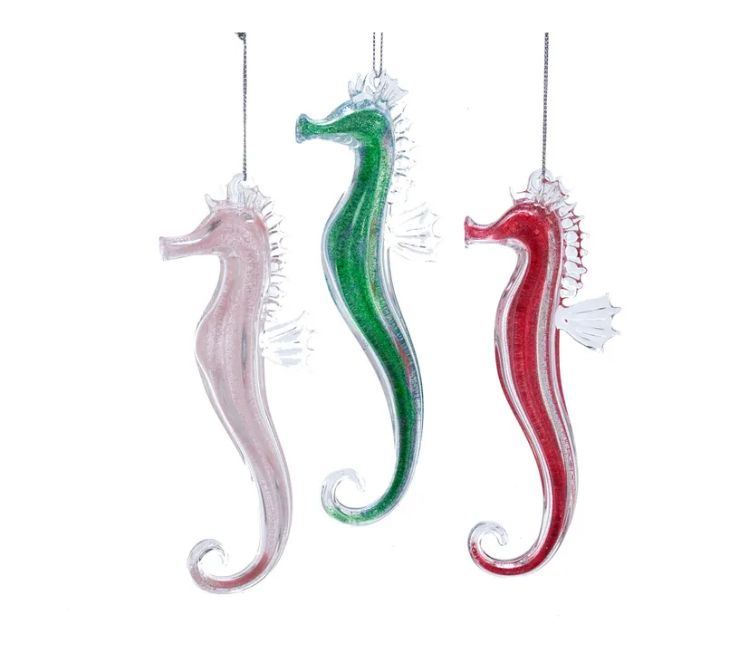 6" Glass Glitter Seahorse Ornament, EACH