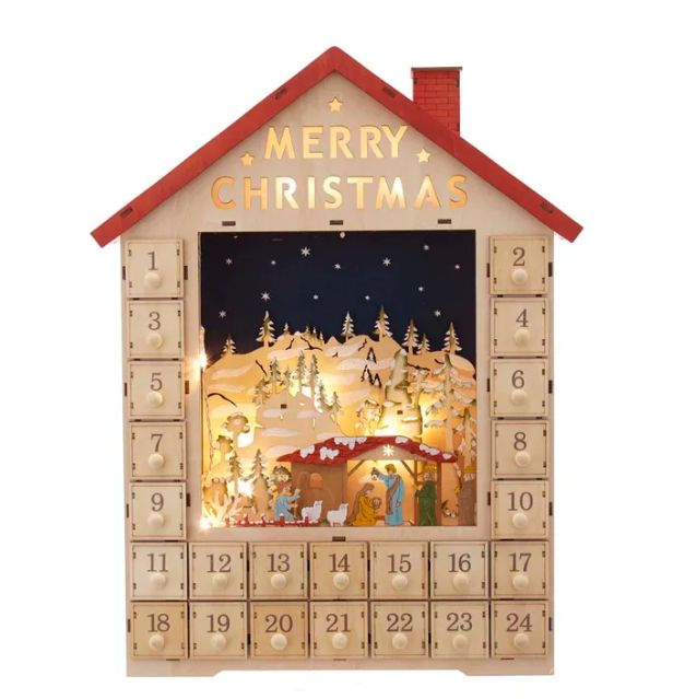 Battery-Operated LED Advent Calendar House With Nativity