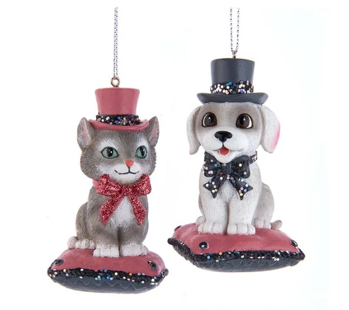 2&quot; Pink and Pewter Dog &amp; Cat On Pillow Ornament, EACH