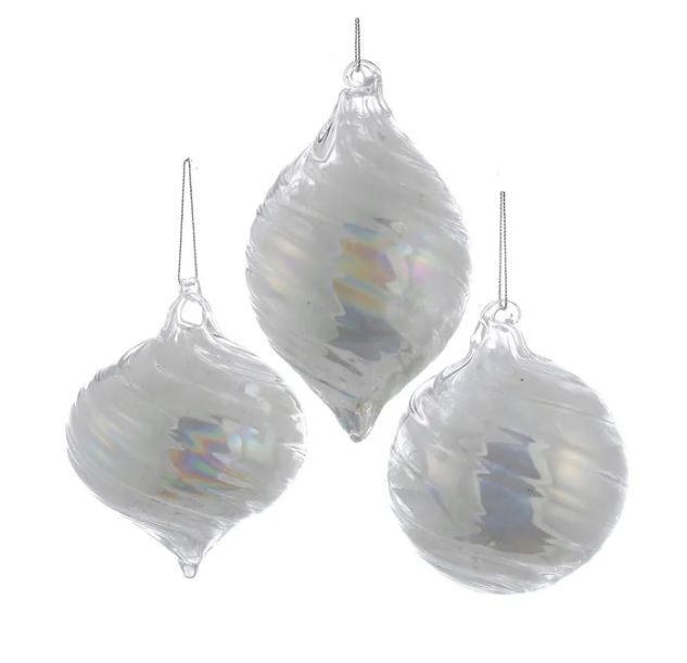 90MM Glass White Pearl Ball, Onion, and Finial Ornament, EACH