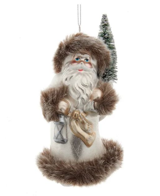 Glass Frost Santa With Brown Fur Trim Ornament