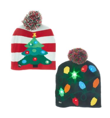 Battery-Operated Knit Hat with LED Christmas Pattern, EACH