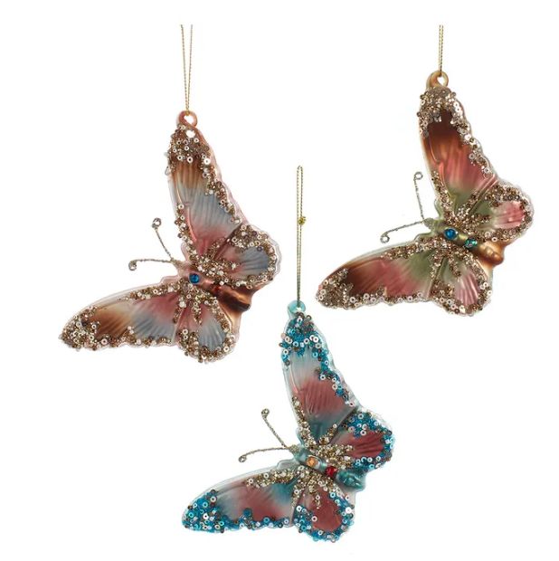 Glass Teal, Desert Rose &amp; Butterfly Ornament, EACH