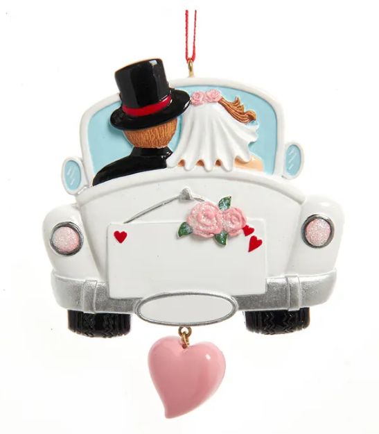 Wedding Couple In Car Ornament For Personalization