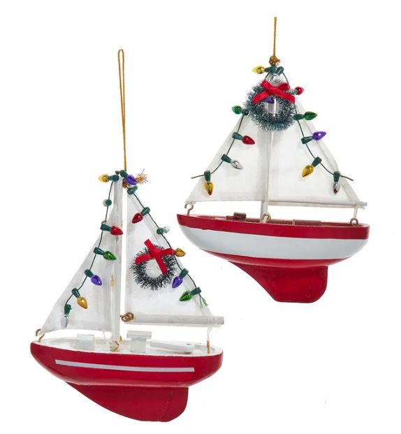 Red Sailboat With Wreath Ornament, EACH