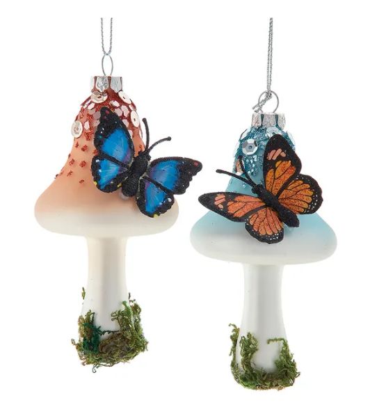 Glass Butterfly On Mushroom Ornament, EACH