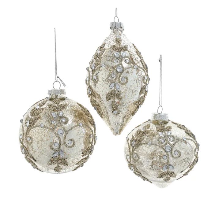 Mercury Glass Ball, Drop &amp; Onion With Gemstones Ornament, EACH