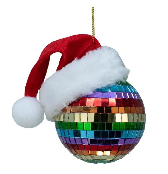 80MM Glass Pride Mirror Ball With Santa Hat Ornament