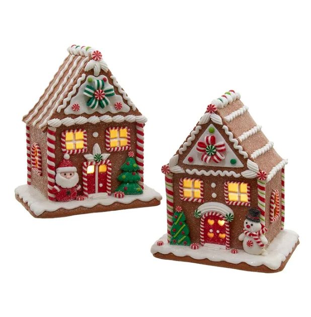 8&quot; Battery Operated LED Gingerbread House With Santa &amp; Snowman, EACH