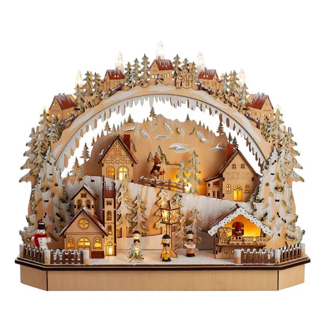 Battery-Operated Lighted LED Wooden Village House With Ice Skiers