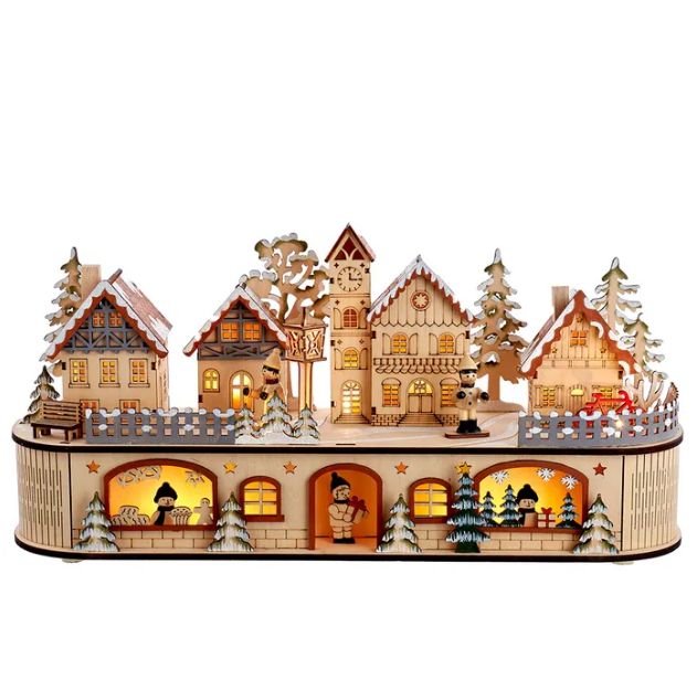 8.25&quot; Wooden LED Light-Up 2-Tier Musical/Motion Santa Christmas Village